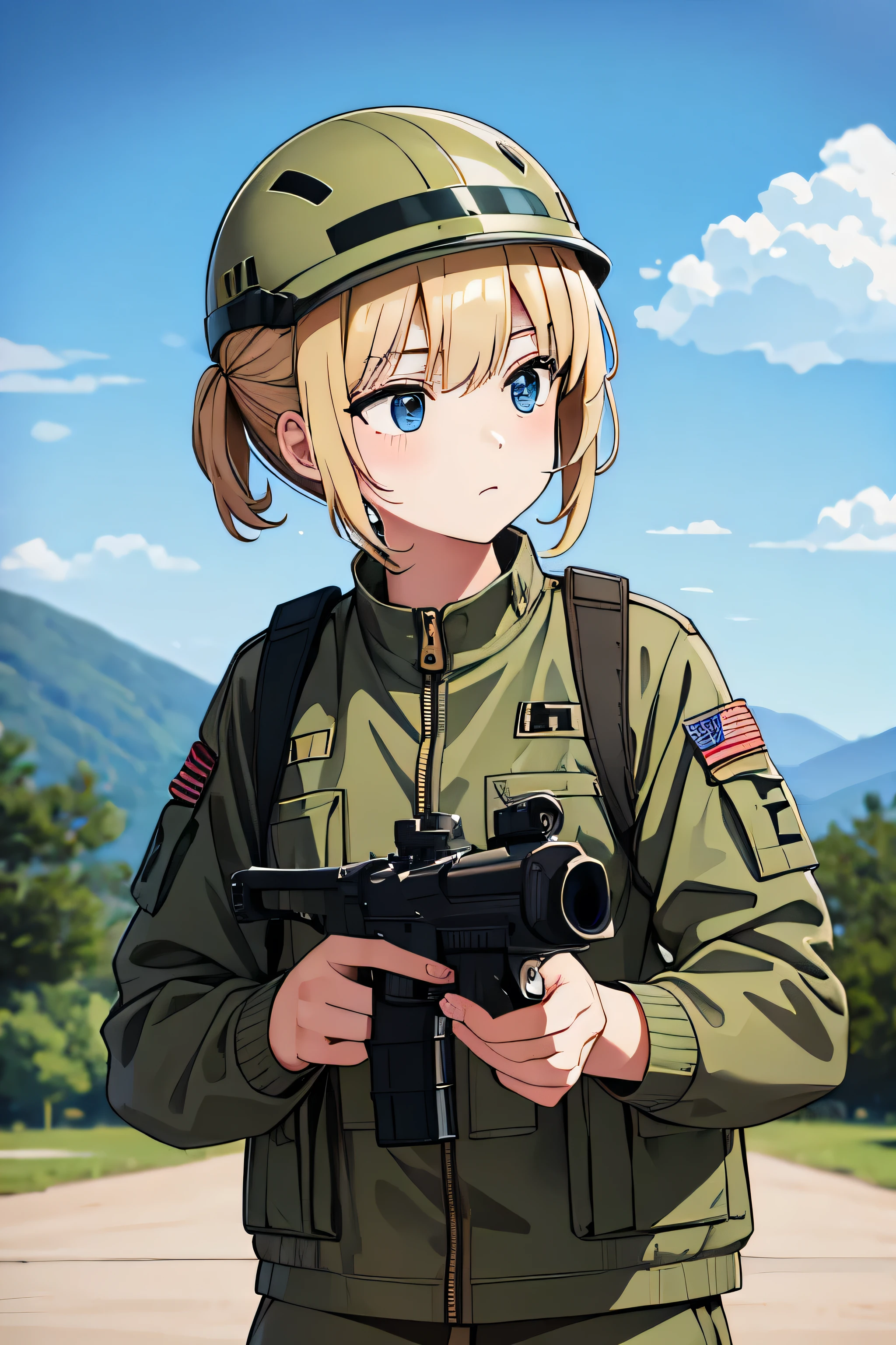 shooting,watergun,perfect hands,around army,Break army helmet,army jacket,