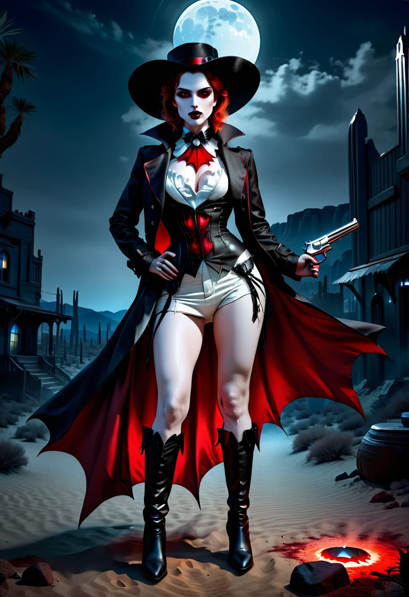 (Victorian photograph style: 1.5) picture of a female vampire cowboy in the desert night, a goth beauty, exquisite beautiful female vampire, ((anatomically correct: 1.5), (ultra detailed face: 1.2), best detailed face, red glowing eyes, full body, busty, wearing white bottom shirt, short skirt, dynamic color. wearing (cowboy hat: 1.2), wearing high heeled boots, wearing open black trench coat, flowing trench coat, she has a pistol in a holster, it is night time in the desert, moon light. moon rays, west America desert canyon background, Hyperrealism style, vibrant, Ultra-high resolution, High Contrast, (masterpiece:1.5), highest quality, Best aesthetics), best details, best quality, highres, ultra wide angle, 16k, [ultra detailed], masterpiece, best quality, (extremely detailed) RAW, chumbasket art style, rpg portrait photograph, BloodSoakedAI, victorianstyle