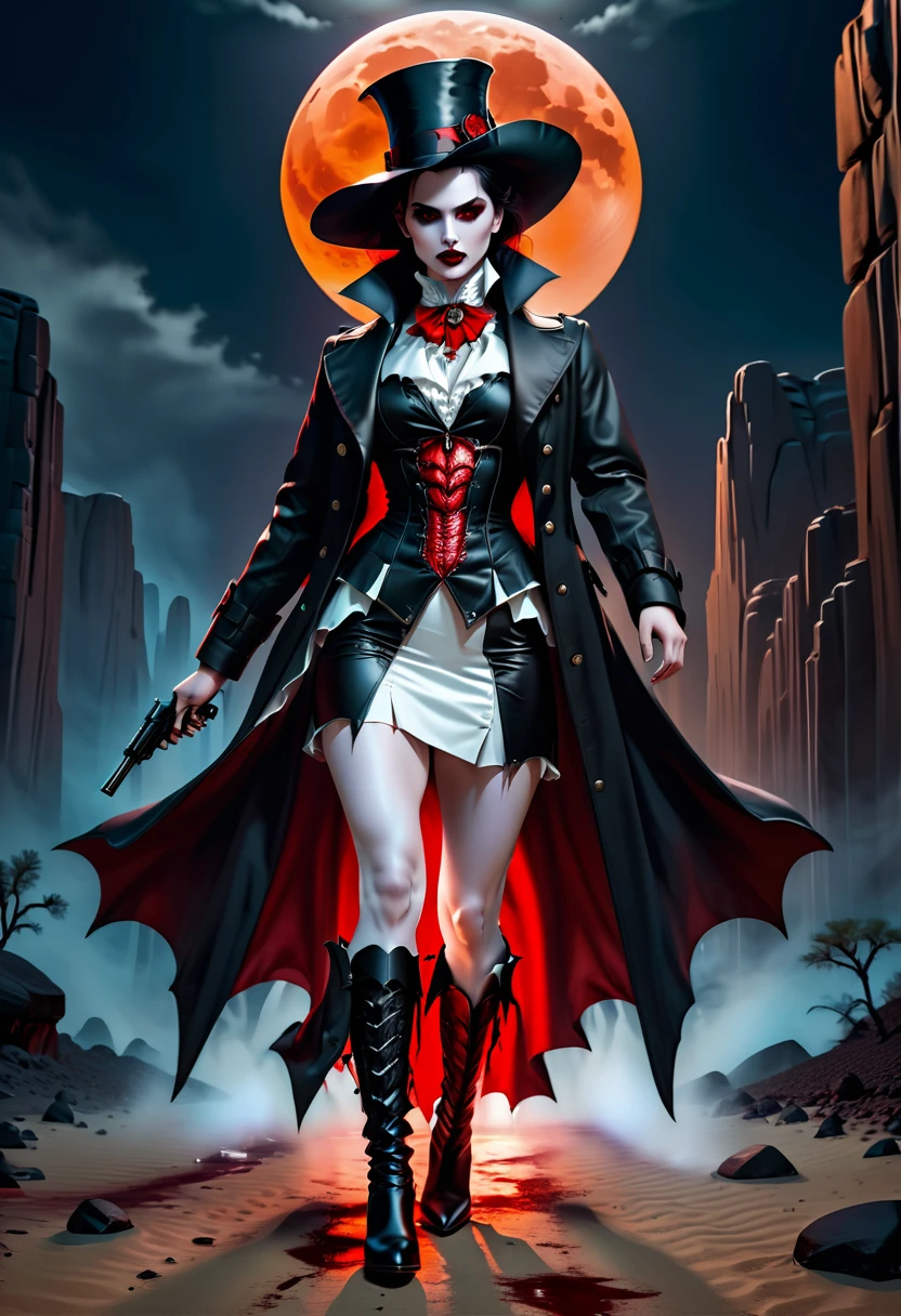 (Victorian photograph style: 1.5) picture of a female vampire cowboy in the desert night, a goth beauty, exquisite beautiful female vampire, ((anatomically correct: 1.5), (ultra detailed face: 1.2), best detailed face, red glowing eyes, full body, busty, wearing white bottom shirt, short skirt, dynamic color. wearing (cowboy hat: 1.2), wearing high heeled boots, wearing open black trench coat, flowing trench coat, she has a pistol in a holster, it is night time in the desert, moon light. moon rays, west America desert canyon background, Hyperrealism style, vibrant, Ultra-high resolution, High Contrast, (masterpiece:1.5), highest quality, Best aesthetics), best details, best quality, highres, ultra wide angle, 16k, [ultra detailed], masterpiece, best quality, (extremely detailed) RAW, chumbasket art style, rpg portrait photograph, BloodSoakedAI, victorianstyle