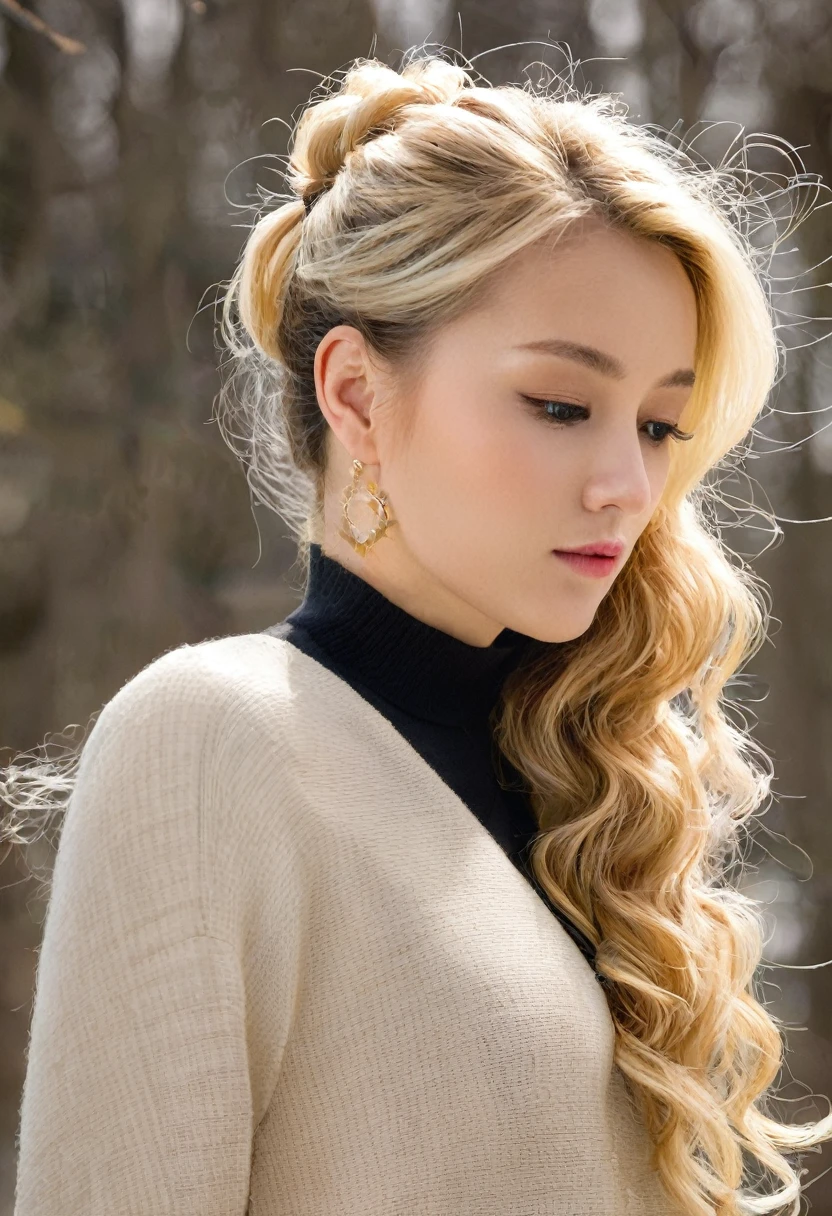 Beautiful blonde girl curly hair in a ponytail