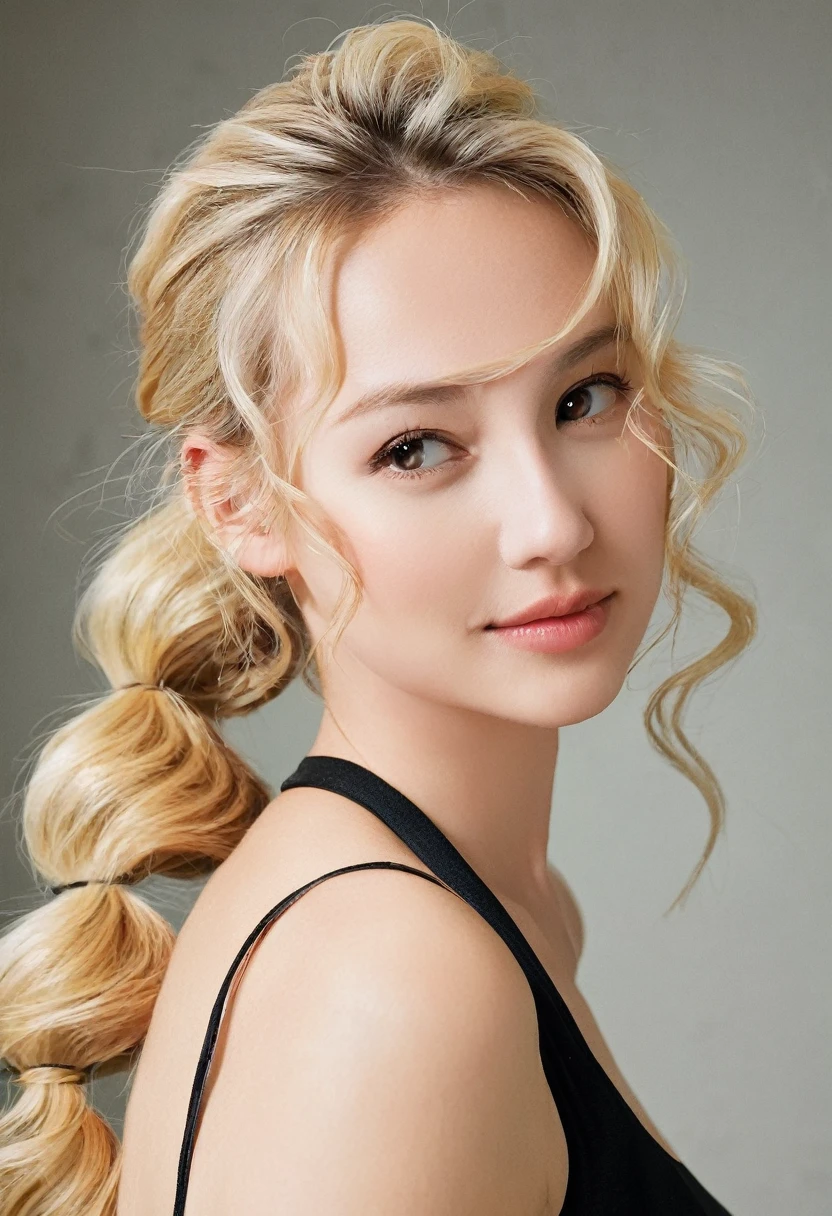 Beautiful blonde girl curly hair in a ponytail