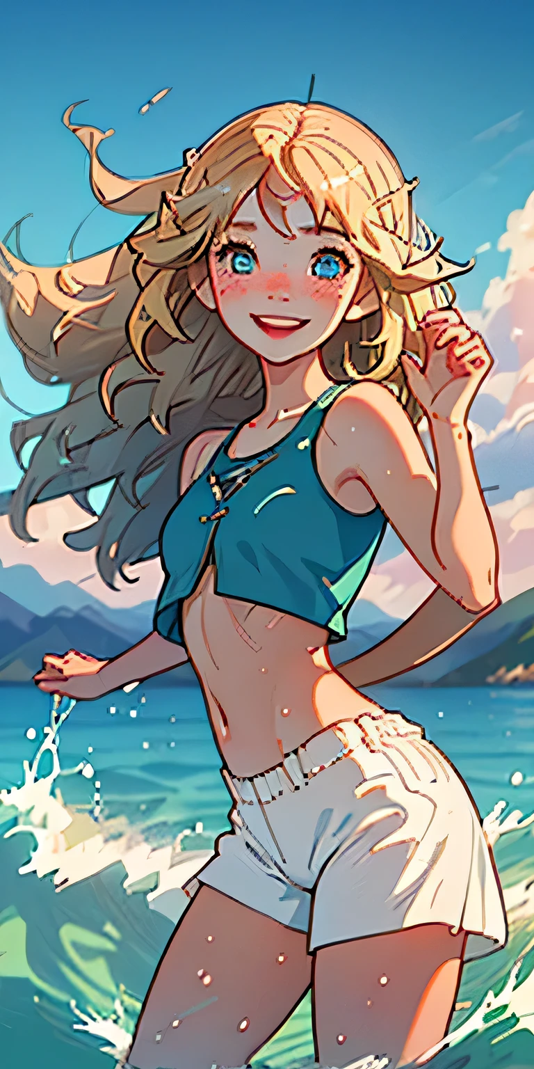 (best quality, masterpiece), 1girl, butt pose, smile, laughing, ocean, crop top, shorts, blonde, freckles, blush, looking at viewer, wavy hair, cloud, splashing, waves, sun, mountain, wet