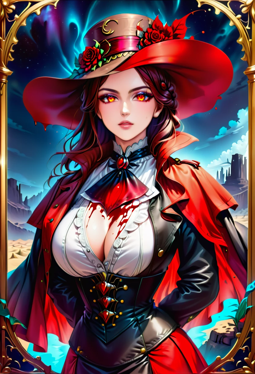 (Victorian photograph style: 1.5) picture of a female vampire cowboy in the desert night, a goth beauty, exquisite beautiful female vampire, ((anatomically correct: 1.5), (ultra detailed face: 1.2), best detailed face, red glowing eyes, full body, busty, wearing white bottom shirt, short skirt, dynamic color. wearing (cowboy hat: 1.2), wearing high heeled boots, wearing open black trench coat, flowing trench coat, she has a (pistol in a holster: 1.1), it is night time in the desert, moon light. moon rays, west America desert canyon background, Hyperrealism style, vibrant, Ultra-high resolution, High Contrast, (masterpiece:1.5), highest quality, Best aesthetics), best details, best quality, highres, ultra wide angle, 16k, [ultra detailed], masterpiece, best quality, (extremely detailed) RAW, chumbasket art style, rpg portrait photograph, BloodSoakedAI, victorianstyle