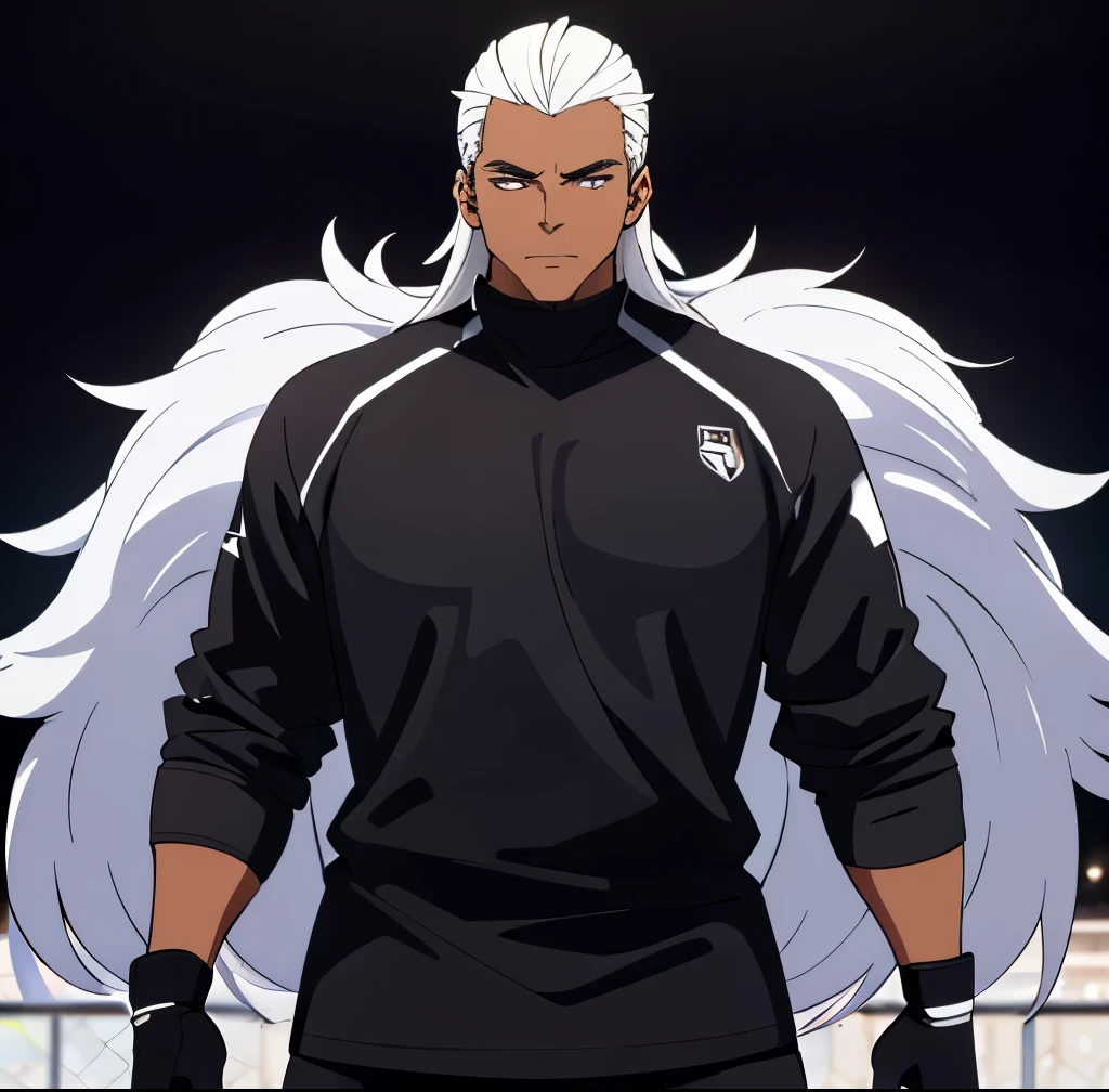 Soccer goalie with level 10 black aura, tall, (large mammoth in background), long white hair, (dark brown skin), black and white soccer jersey, goalkeeper gloves, purple eyes, masculine features,