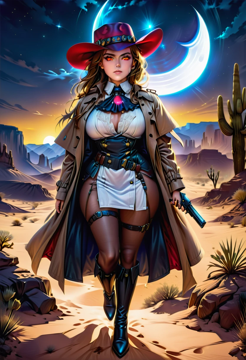 (wild west photograph style: 1.5) picture of a female vampire cowboy in the desert night, a goth beauty, exquisite beautiful female vampire, ((anatomically correct: 1.5), (ultra detailed face: 1.2), best detailed face, red glowing eyes, full body, busty, wearing white bottom shirt, short skirt, dynamic color. wearing (cowboy hat: 1.2), wearing high heeled boots, wearing open black trench coat, flowing trench coat, she has a pistol in a holster, it is night time in the desert, moon light. moon rays, west America desert canyon background, Hyperrealism style, vibrant, Ultra-high resolution, High Contrast, (masterpiece:1.5), highest quality, Best aesthetics), best details, best quality, highres, ultra wide angle, 16k, [ultra detailed], masterpiece, best quality, (extremely detailed) RAW, chumbasket art style, rpg portrait photograph, BloodSoakedAI, victorianstyle