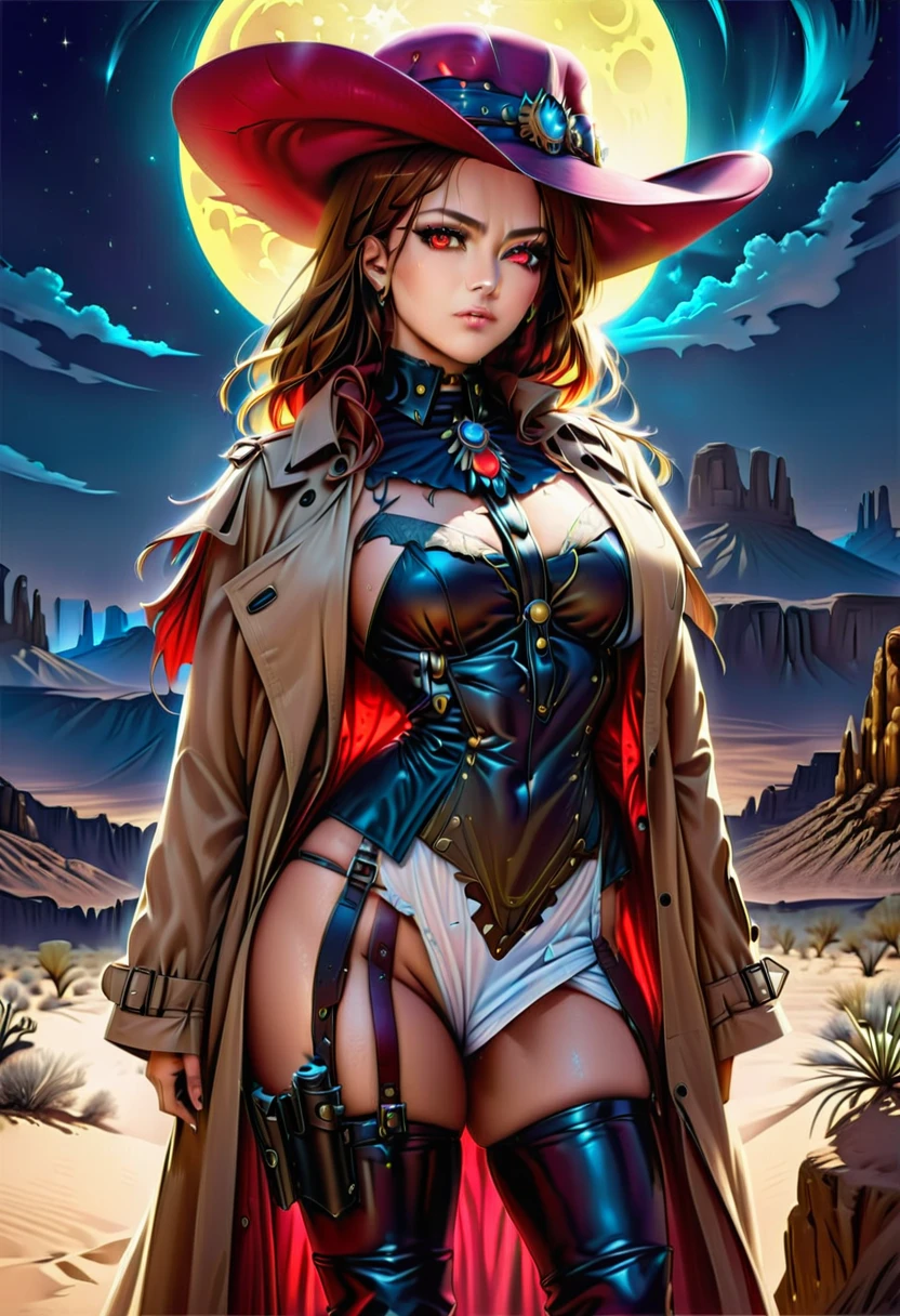 (wild west photograph style: 1.5) picture of a female vampire cowboy in the desert night, a goth beauty, exquisite beautiful female vampire, ((anatomically correct: 1.5), (ultra detailed face: 1.2), best detailed face, red glowing eyes, full body, busty, wearing white bottom shirt, short skirt, dynamic color. wearing (cowboy hat: 1.2), wearing high heeled boots, wearing open black trench coat, flowing trench coat, she has a pistol in a holster, it is night time in the desert, moon light. moon rays, west America desert canyon background, Hyperrealism style, vibrant, Ultra-high resolution, High Contrast, (masterpiece:1.5), highest quality, Best aesthetics), best details, best quality, highres, ultra wide angle, 16k, [ultra detailed], masterpiece, best quality, (extremely detailed) RAW, chumbasket art style, rpg portrait photograph, BloodSoakedAI, victorianstyle