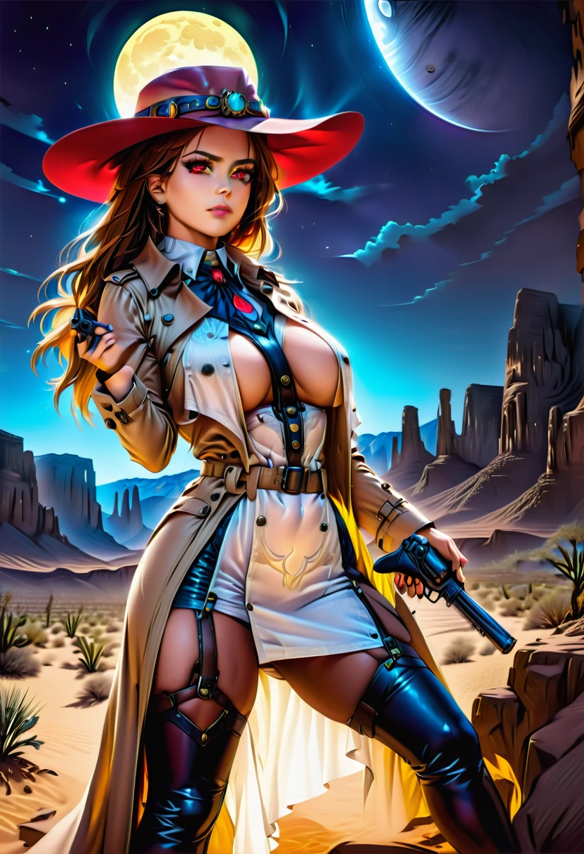 (wild west photograph style: 1.5) picture of a female vampire cowboy in the desert night, a goth beauty, exquisite beautiful female vampire, ((anatomically correct: 1.5), (ultra detailed face: 1.2), best detailed face, red glowing eyes, full body, busty, wearing white bottom shirt, short skirt, dynamic color. wearing (cowboy hat: 1.2), wearing high heeled boots, wearing open black trench coat, flowing trench coat, she has a pistol in a holster, it is night time in the desert, moon light. moon rays, west America desert canyon background, Hyperrealism style, vibrant, Ultra-high resolution, High Contrast, (masterpiece:1.5), highest quality, Best aesthetics), best details, best quality, highres, ultra wide angle, 16k, [ultra detailed], masterpiece, best quality, (extremely detailed) RAW, chumbasket art style, rpg portrait photograph, BloodSoakedAI, victorianstyle