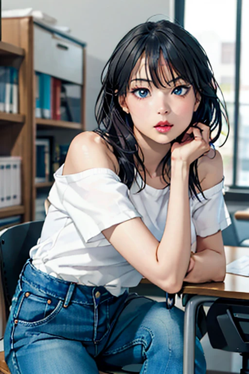 photography realistic, Woman, desk, sultry gaze, slightly leaning forward, sitting at the table, mouth with pout, White t-shirt falling off the shoulder, jeans, marking the blouse, アニメ
