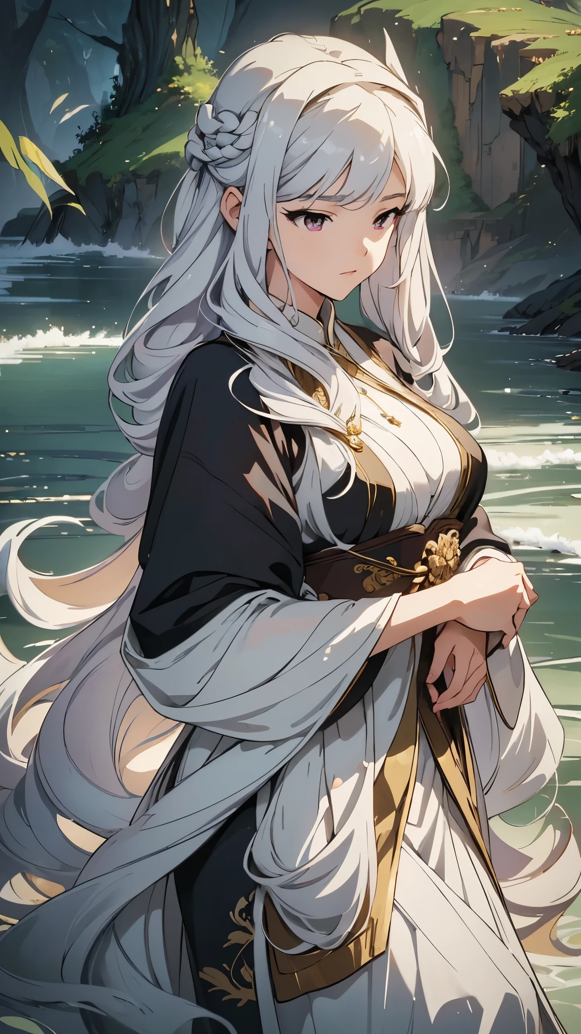 A masterpiece in the style of ancient Wei Zi，Woman with long white hair, takane shijou，Exquisite epic character art，Presenting stunning aesthetics and antique atmosphere，The delicate brushstrokes and depth of field in the picture make you immersed in the scene，Fan Qiwu quasi-world can be regarded as the beauty of mountains and rivers