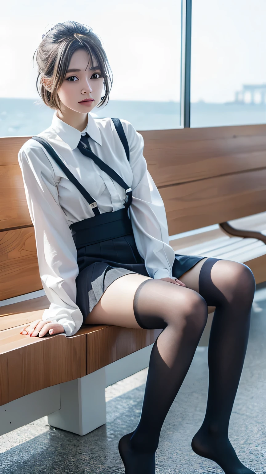 Very beautiful school girl, , Young and sexy gravure idol,Skintight Top:1.2, View your audience, Cinema Lighting, perfection, Soft Light, High Resolution Skins:1.2, Realistic skin texture, Small face,No makeup, uniform , mini skirt, Knee-high socks, Absolute area,Bust E Cup, short hair, Dark brown hair、Seaside Background, RAW,Highest quality