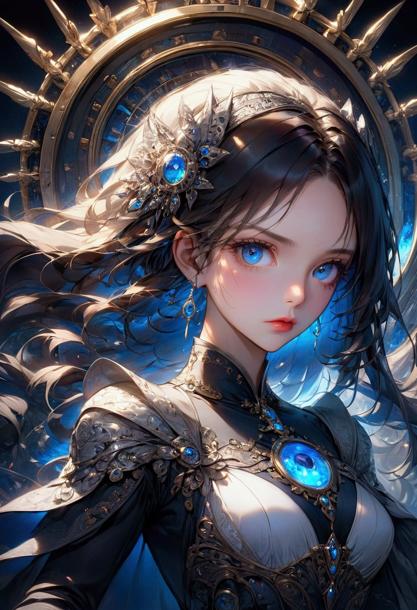 1 girl, You who stand against the wheel of fate, A woman stands defiantly against the wheel of fate., Beautifully detailed eyes, Beautifully detailed lips, Very detailed face, Long eyelashes, luxury set, incredible light, Fantasy, cinema, Highly detailed, 8ก, Award-winning digital art, Amazing color, intense atmosphere, undercover, impersonal, Powerful, inspire, Masterpiece, best quality, very beautiful, nonsense