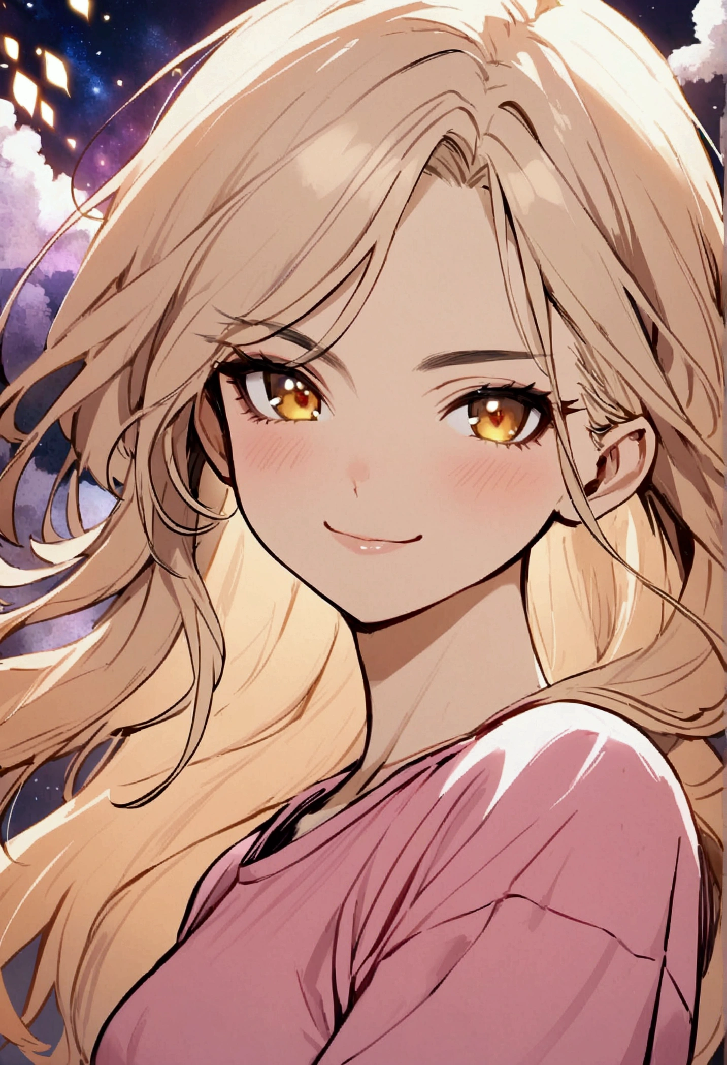 Girl with light apricot hair, long hair tied , no bangs, gold eyes, pink t-shirt, sly smile, sly, 
