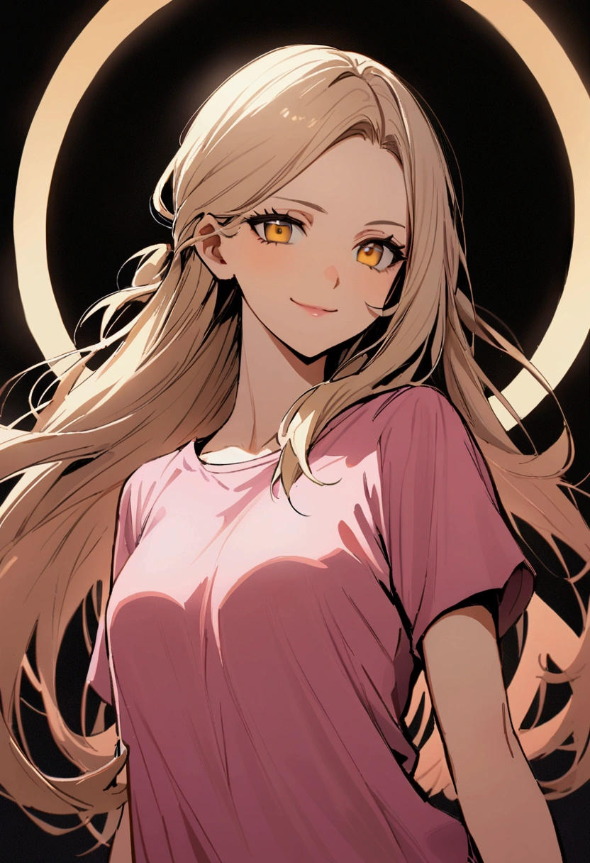Girl with light apricot hair, long hair tied , no bangs, gold eyes, pink t-shirt, sly smile, sly,