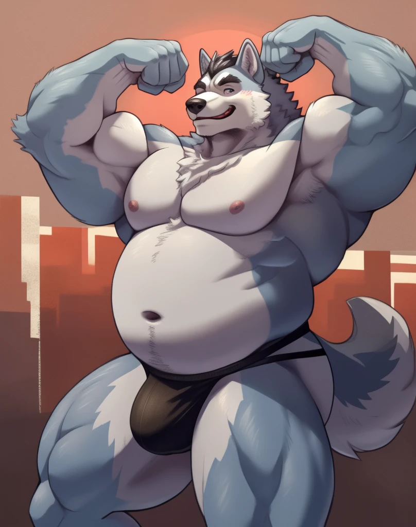 A chubby anthropomorphic husky with sky blue fur, with big belly and pecks wearing a silver colored jockstrap, flexing, full-body, solo