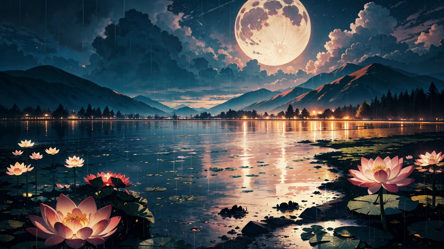 natta, only the moonlight illuminates, Meniscus, distant mountain, Beautiful big lotus nearby, Big red lotus, There is a water supply next to it, Toad, summer is full of joy, The crescent moon and stars in the sky mix, amazing wallpapers, Rainy natta, Rainy natta, beautiful and gorgeous, Cinema lighting, high détail ((It rained a lot))), 8k
