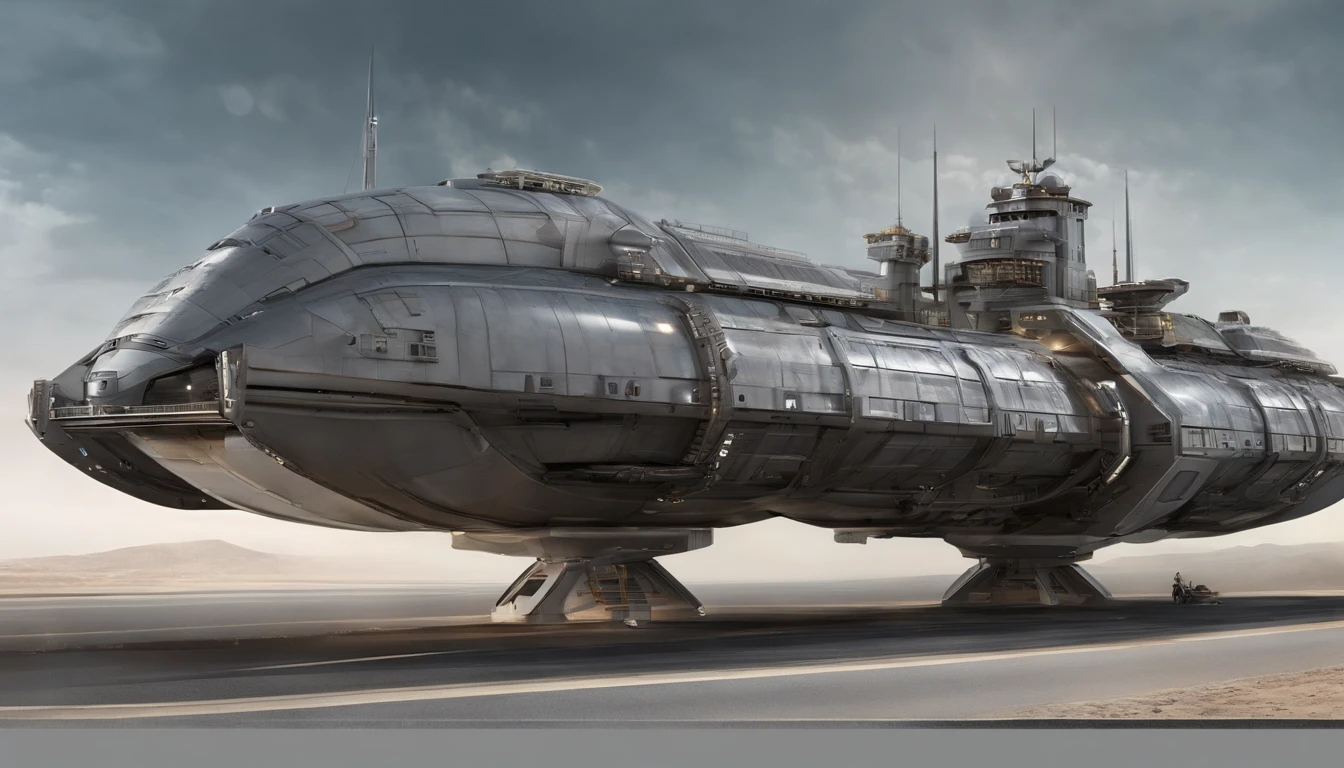 Create a detailed illustration of a heavy freight spaceship with an elongated hull, segmented like a caterpillar. The ship's exterior features a robust, utilitarian design with exposed mechanical components, sturdy construction materials, and reinforced paneling. The color scheme includes combinations of grays, blacks, and metallic tones. The image should be in a 16:9 aspect ratio to capture the full length and details of the ship.