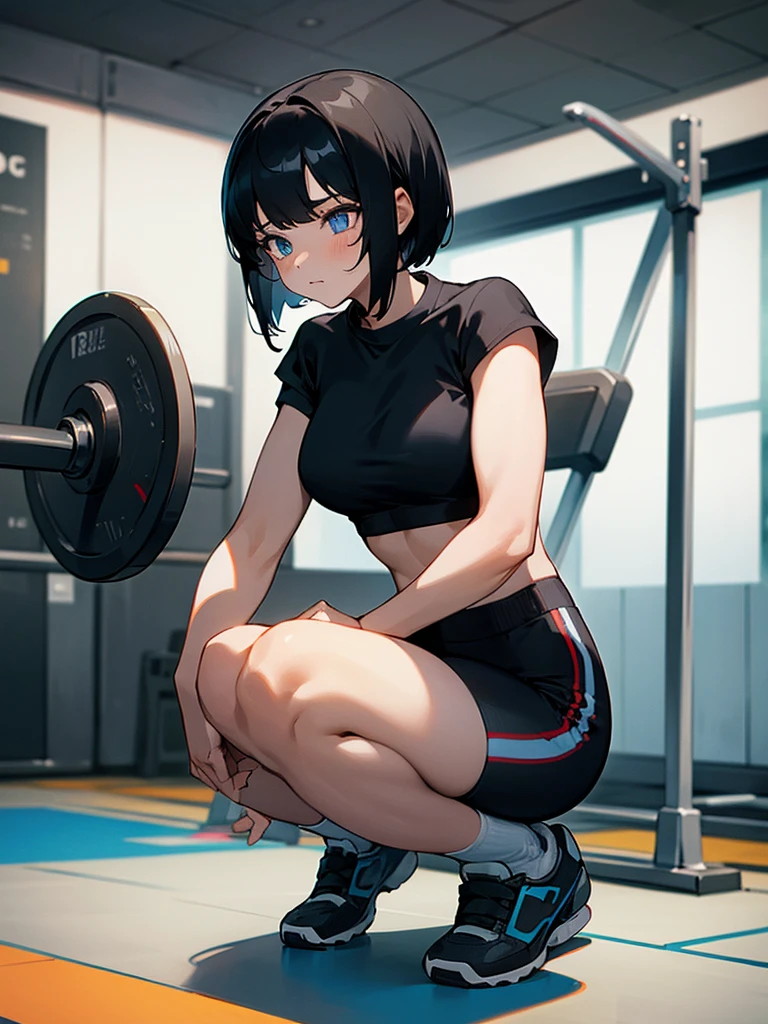 1girl, short black hair, blue eyes, wearing gym clothes, doing barbell squat, gym, high res, ultrasharp, 8k, masterpiece