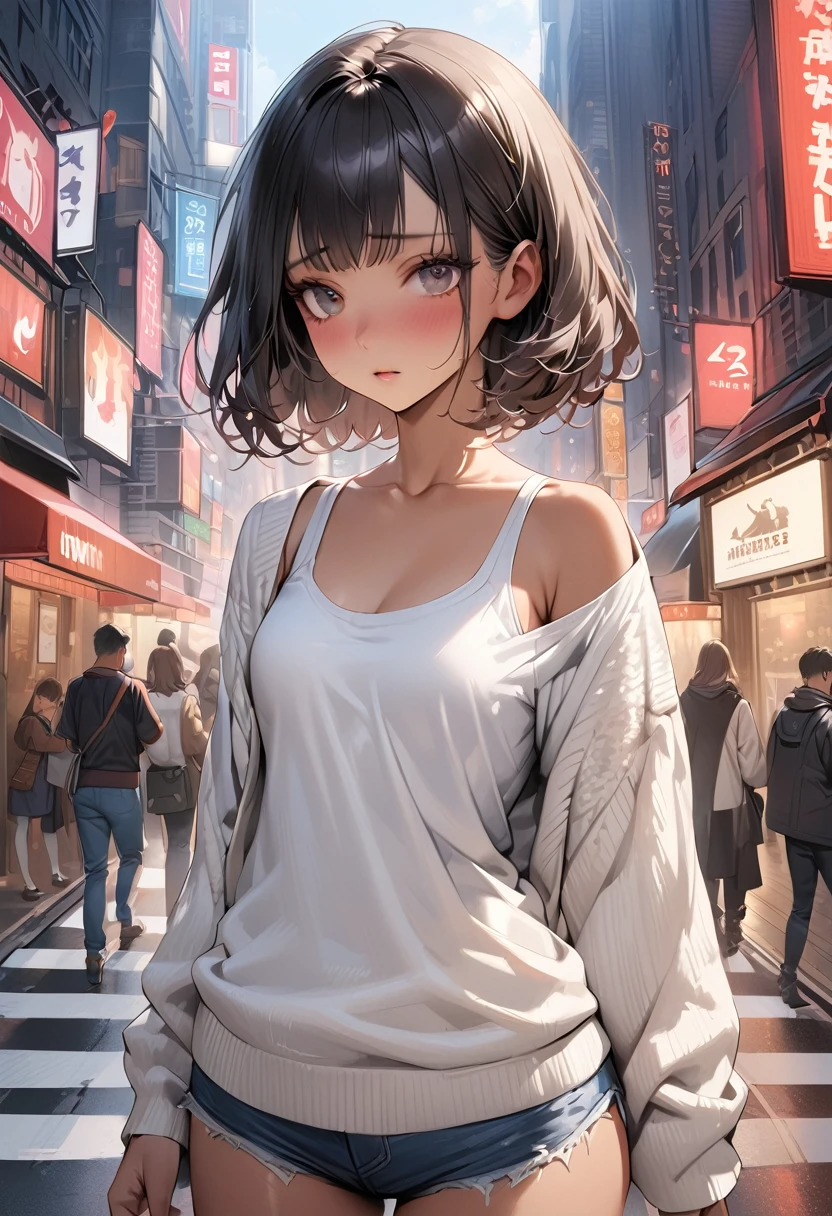 ((masterpiece,Highest quality:1.3,best quality illustration)),(realistic:1.2)、cowboy shot,独奏,1woman,(Mature Beauty),black hair,(very short bob hair),bangs,black eyes,(gorgeous big eyes),(very small head),shy,(very long body,skinny,slender body,tan skin),((White knit cardigan)),small breasts,gleaming skin,oily skin,denim micro shorts,White tank top)),on street,New York City、