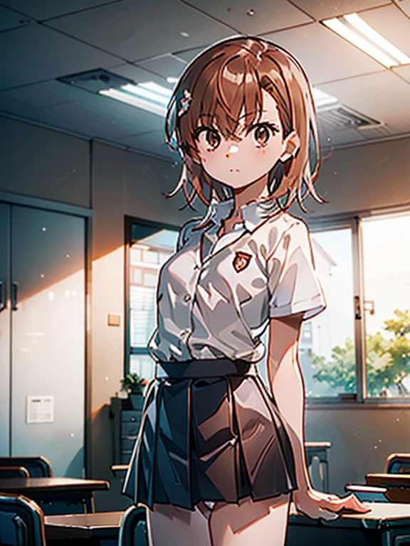 ​masterpiece, top-quality, misaka_mikoto, brown-eyed, Look at viewers, solo, short_hair, closed_mouth, collared_shirt, looking_at_viewer, school_uniform, The shirt, white_shirt, small_breast, ‎Classroom、show off panties