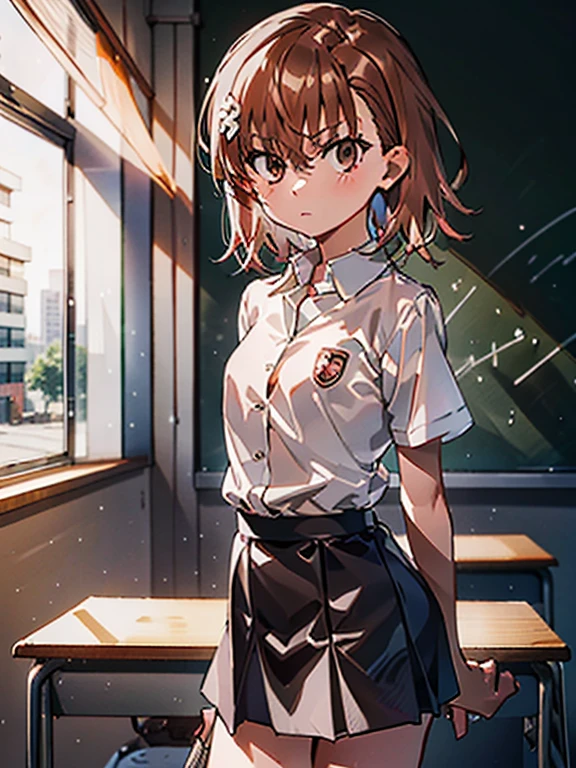 ​masterpiece, top-quality, misaka_mikoto, brown-eyed, Look at viewers, solo, short_hair, closed_mouth, collared_shirt, looking_at_viewer, school_uniform, The shirt, white_shirt, small_breast, ‎Classroom、show off panties