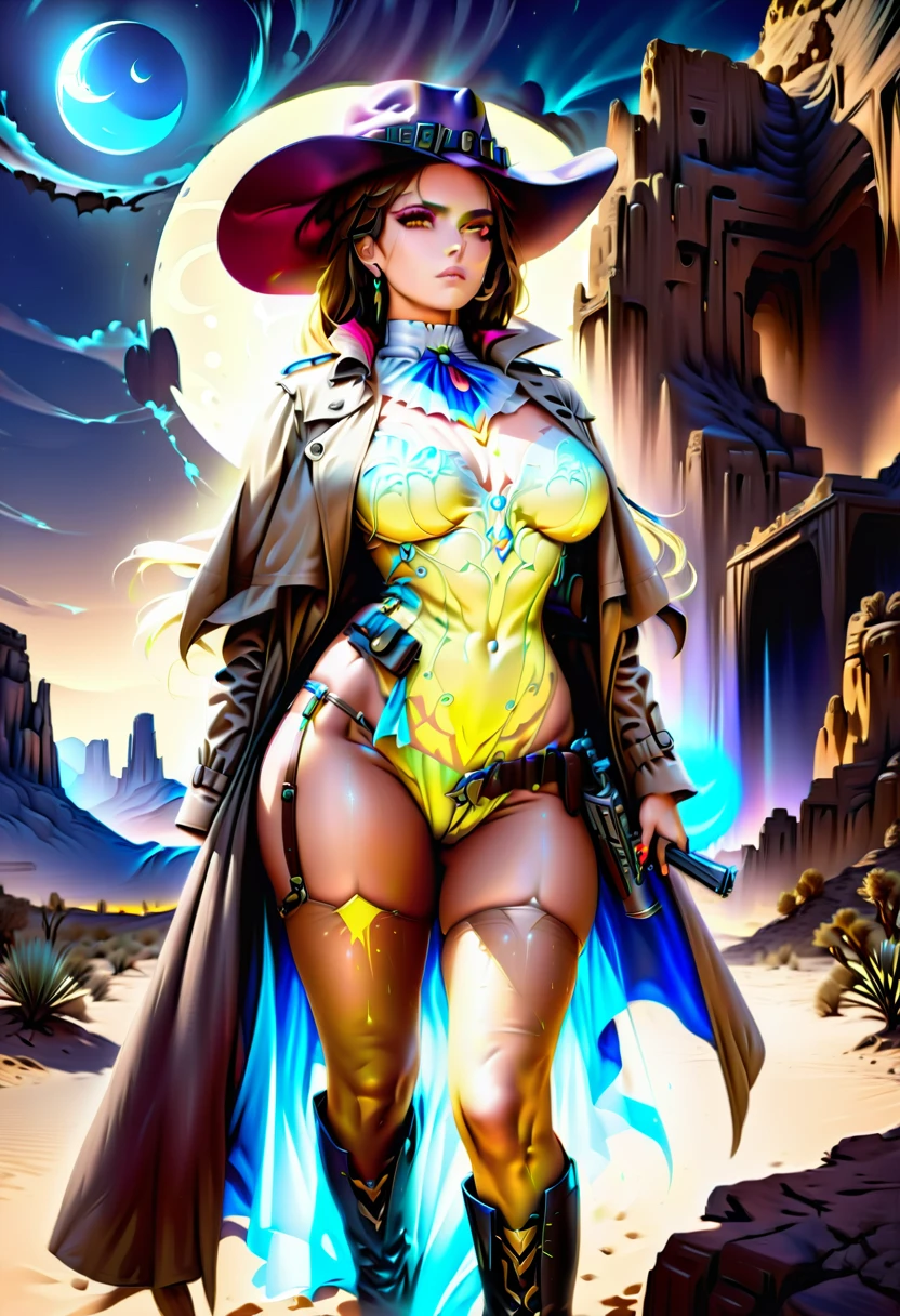 (wild west photograph style: 1.5) picture of a female vampire cowboy in the desert night, a goth beauty, exquisite beautiful female vampire, ((anatomically correct: 1.5), (ultra detailed face: 1.2), best detailed face, red glowing eyes, full body, busty, wearing white bottom shirt, short skirt, dynamic color. wearing (cowboy hat: 1.2), wearing high heeled boots, wearing open black trench coat, flowing trench coat, she has a (pistol in a holster: 1.1), it is night time in the desert, moon light. moon rays, west America desert canyon background, Hyperrealism style, vibrant, Ultra-high resolution, High Contrast, (masterpiece:1.5), highest quality, Best aesthetics), best details, best quality, highres, ultra wide angle, 16k, [ultra detailed], masterpiece, best quality, (extremely detailed) RAW, chumbasket art style, rpg portrait photograph, BloodSoakedAI, victorianstyle