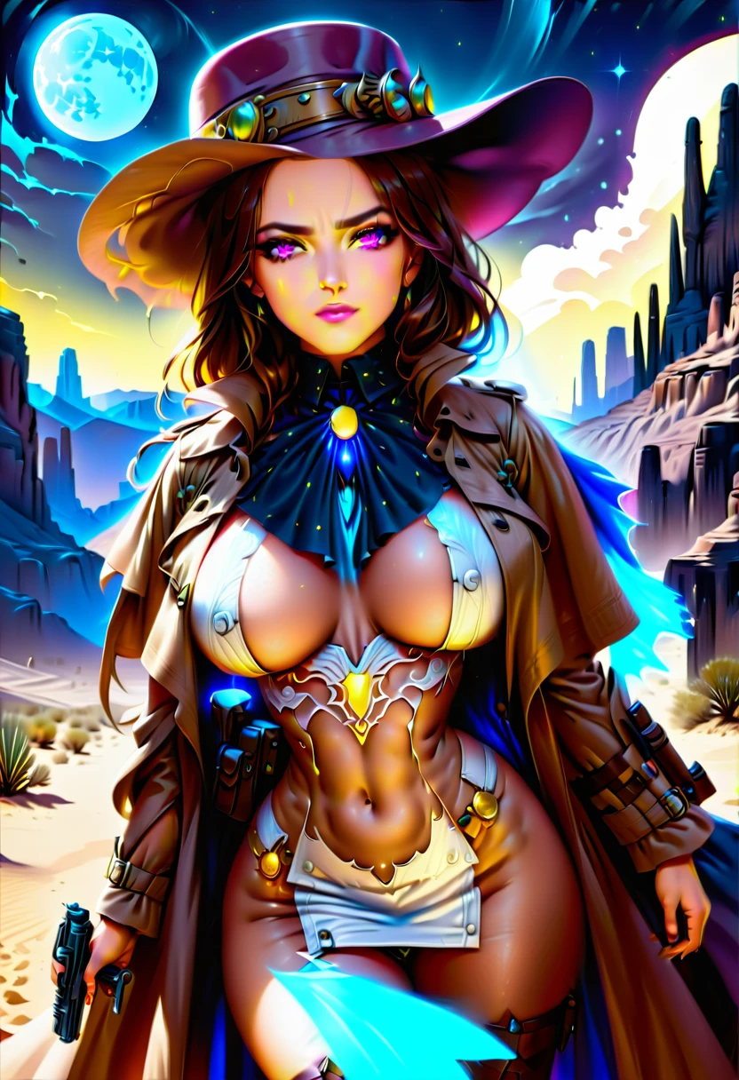 (wild west photograph style: 1.5) picture of a female vampire cowboy in the desert night, a goth beauty, exquisite beautiful female vampire, ((anatomically correct: 1.5), (ultra detailed face: 1.2), best detailed face, red glowing eyes, full body, busty, wearing white bottom shirt, short skirt, dynamic color. wearing (cowboy hat: 1.2), wearing high heeled boots, wearing open black trench coat, flowing trench coat, she has a (pistol in a holster: 1.1), it is night time in the desert, moon light. moon rays, west America desert canyon background, Hyperrealism style, vibrant, Ultra-high resolution, High Contrast, (masterpiece:1.5), highest quality, Best aesthetics), best details, best quality, highres, ultra wide angle, 16k, [ultra detailed], masterpiece, best quality, (extremely detailed) RAW, chumbasket art style, rpg portrait photograph, BloodSoakedAI, victorianstyle