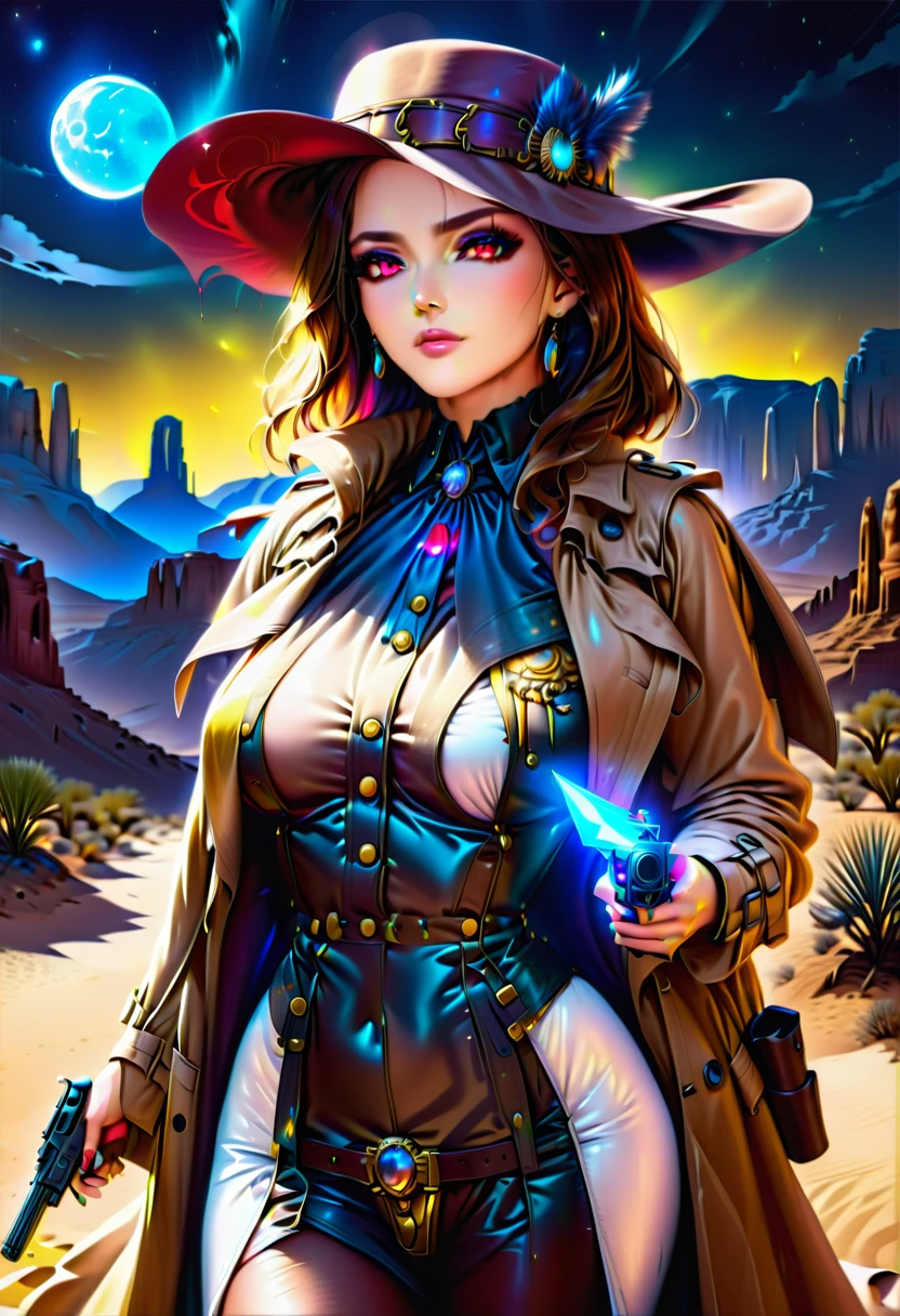 (wild west photograph style: 1.5) picture of a female vampire cowboy in the desert night, a goth beauty, exquisite beautiful female vampire, ((anatomically correct: 1.5), (ultra detailed face: 1.2), best detailed face, red glowing eyes, full body, busty, wearing white bottom shirt, short skirt, dynamic color. wearing (cowboy hat: 1.2), wearing high heeled boots, wearing open black trench coat, flowing trench coat, she has a (pistol in a holster: 1.1), it is night time in the desert, moon light. moon rays, west America desert canyon background, Hyperrealism style, vibrant, Ultra-high resolution, High Contrast, (masterpiece:1.5), highest quality, Best aesthetics), best details, best quality, highres, ultra wide angle, 16k, [ultra detailed], masterpiece, best quality, (extremely detailed) RAW, chumbasket art style, rpg portrait photograph, BloodSoakedAI, victorianstyle
