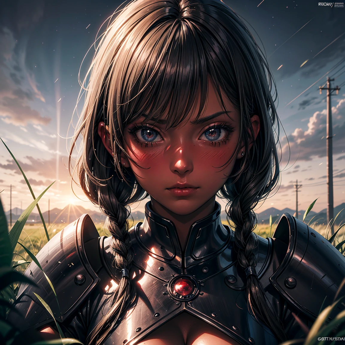 (High Detail:1.2) Anime Girl, (Best quality, Detailed), (dark and serious, blushing, gravelly:1.3, dark:1.2), 1girl, (solo), long braids hair, dark brown hair, ((black eyes)), black skin, small breasts, black plate armor, sinister, intense look, grass, background dark, Volumetric light, hyper realistic, super detailed, Dynamic pose, (very sexy body, detailed face, detailed eyes, masterpiece, highly detailed, 8k, best quality, vibrant colors, digital art, concept art)