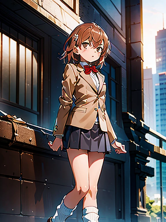 ((Best Quality)), ((masterpiece)), (detailed), 1girl, solo, perfect face, beautiful face, detailed face, detailed hands, detailed fingers, perfect eyes, perfect hair, detailed hair, Misaka_mikoto, bowtie, brown jacket, red bow, red bowtie,blazer, bow, ， skirt, pleated skirt, shorts, grey skirt, socks,shoes, loose socks, shorts under skirt, loafers, brown footwear, black skirt, short shorts