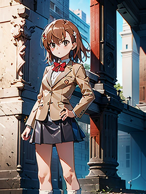 ((Best Quality)), ((masterpiece)), (detailed), 1girl, solo, perfect face, beautiful face, detailed face, detailed hands, detailed fingers, perfect eyes, perfect hair, detailed hair, Misaka_mikoto, bowtie, brown jacket, red bow, red bowtie,blazer, bow, ， skirt, pleated skirt, shorts, grey skirt, socks,shoes, loose socks, shorts under skirt, loafers, brown footwear, black skirt, short shorts