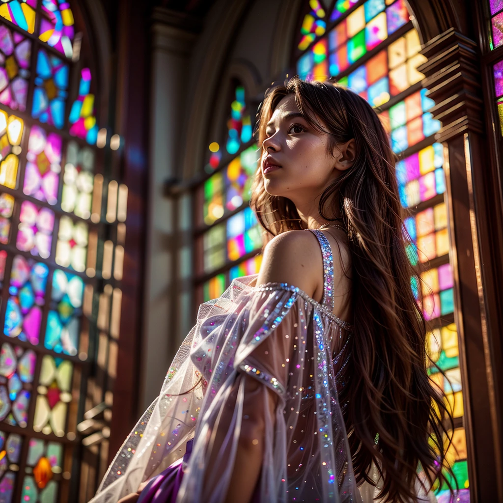 RubyRed (Cathedral from below:1.28) (BokeH ZoomLayer) TopQuality 8K masterpiece of ((Professional photo)), (((Clarisse de Cagliostro))) (Detailed White WeddingDresses), Chain, (CloseUp of (Extremely detailed (KAWAII face))) {((VeiledFace))|BlondeHair|(Elaborate BuleEyes)with(SparklingHighlights:1.28)}, The background is distant (((Elaborate stained glass))) Rainbow Glass, {(MysticSight)|EnchantingAtmosphere|Haze|(GodRays)|TyndallEffect}, Radiant PearlSkin with Transparency, (Exposed:0.39)