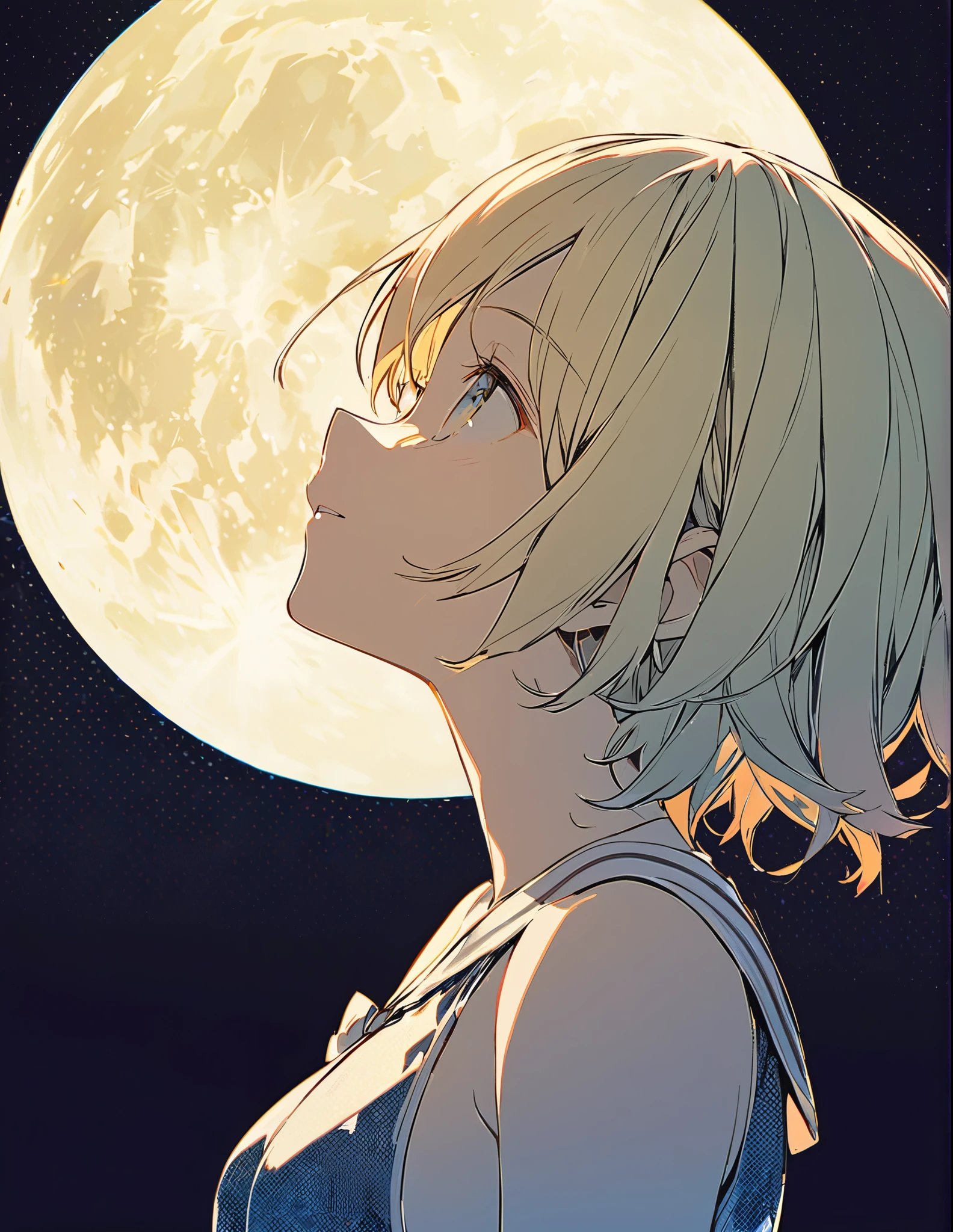 Profile of a cheerful blonde short-haired girl, side boob exposed　Screentone processing　Looking up at the moon