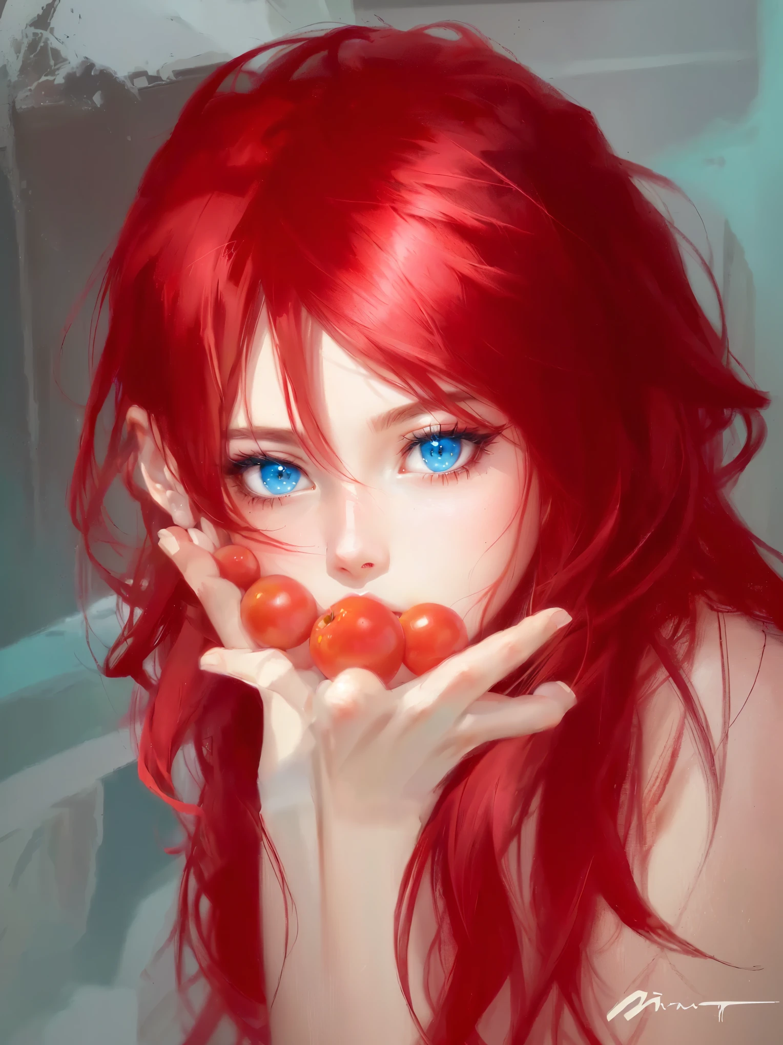 painting of a woman with red hair and blue eyes holding tomatoes, digital manga art, artwork in the style of guweiz, made with anime painter studio, digital art on pixiv, digital anime art, beautiful anime portrait, painted in anime painter studio, stunning anime face portrait, anime digital art, anime realism style, guweiz, red cheeks