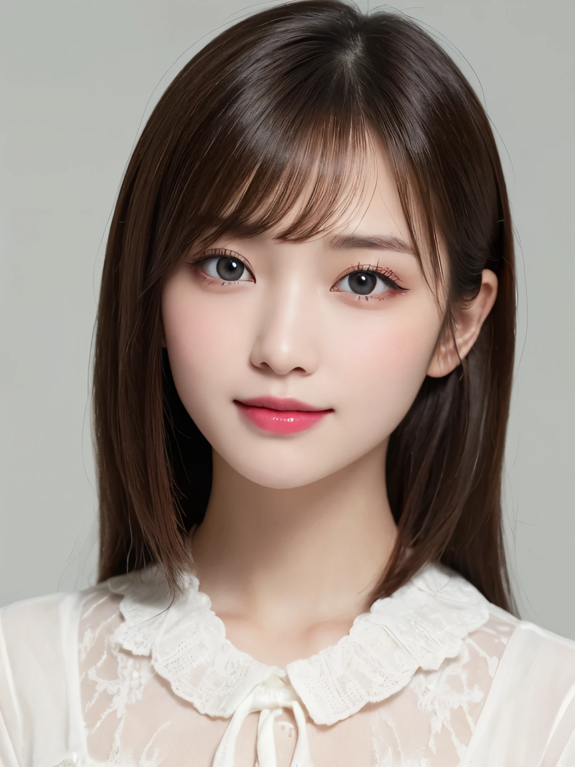 bust up photo, Shows everything from the top of the head to the bust, looks happy, white background, highest quality, shape, Super detailed, finely, High resolution, 8k wallpaper, Perfect dynamic shape, beautiful and detailed eyes, D cup, natural color lip,smile、20 year old girl, Beautiful and dense face、perfect and beautiful face,Big eyes、real photos(best image quality), blouse (off white)、looking at camera、Please stand、Do gal makeup