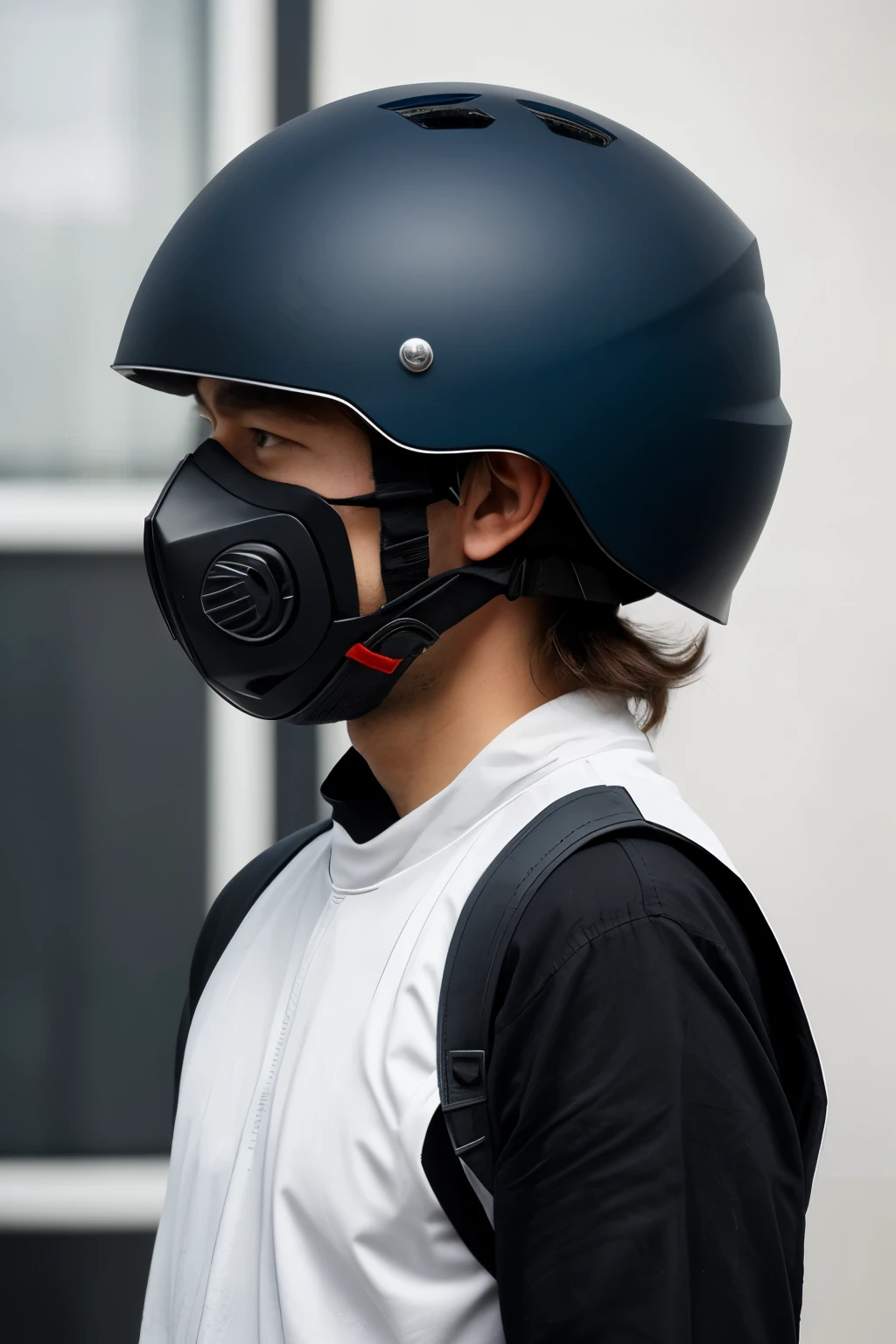 Create a helmet integrated with a mask to filter air, the design is simple and not too complicated, creating more of a frontal view of this figure