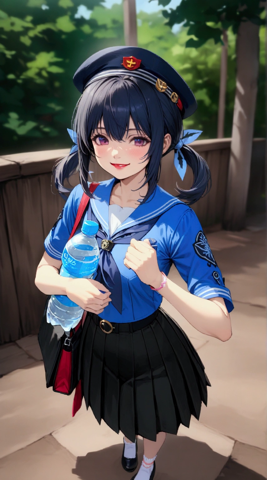 realistic anime illustration of pretty young girl smiling and holding a plastic bottle of mineral water, black twin tail girl, she carrying tote bag, she wearing navy-blue beret, cornflower-blue short sleeves collared shirt, navy-blue neckerchief, navy-blue pleated pencil long skirt, black belt with gold circle buckle, and white socks, her smartphone on her breast pocket, (1girl, solo,full body), (masterpiece, best quality), BREAK, (navy-blue beret, cornflower-blue short sleeves collared shirt, navy-blue neckerchief, navy-blue pleated pencil long skirt, black belt with gold circle buckle, and white socks), ((without sailor collared shirt))