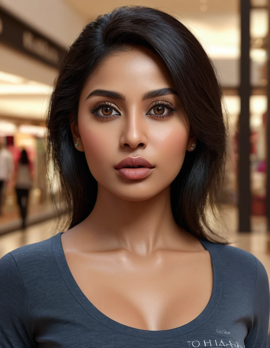 32 year old Indian-nigerian-japanesen woman, 5'6, bright eyes, big lips,  brown skin, detailed anatomy, realistic, beautiful detailed eyes, beautiful detailed lips, extremely detailed face, longeyelashes, standing in a mall, photorealistic, 8k, highres, masterpiece, ultra-detailed, physically-based rendering, vivid colors, studio lighting, jean hugging her body, tshirt, full body