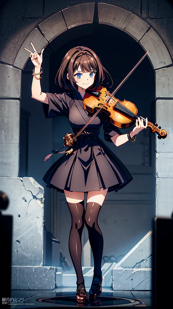 1girl, high, I'm embarrassed, room,
wear, high dress, black stockings, brown shoes, barrette, bracelets, smile, Blue eyes, black eyes, stand,
set of musical accessories. violin, play the violin,
high quality, performance, anime style, 4K, Japanese appearance. 8K