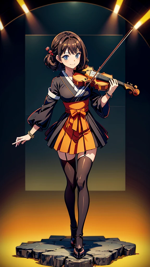 1girl, high, I'm embarrassed, room,
wear, high dress, black stockings, brown shoes, barrette, bracelets, smile, Blue eyes, black eyes, stand,
set of musical accessories. violin, play the violin,
high quality, performance, anime style, 4K, Japanese appearance. 8K