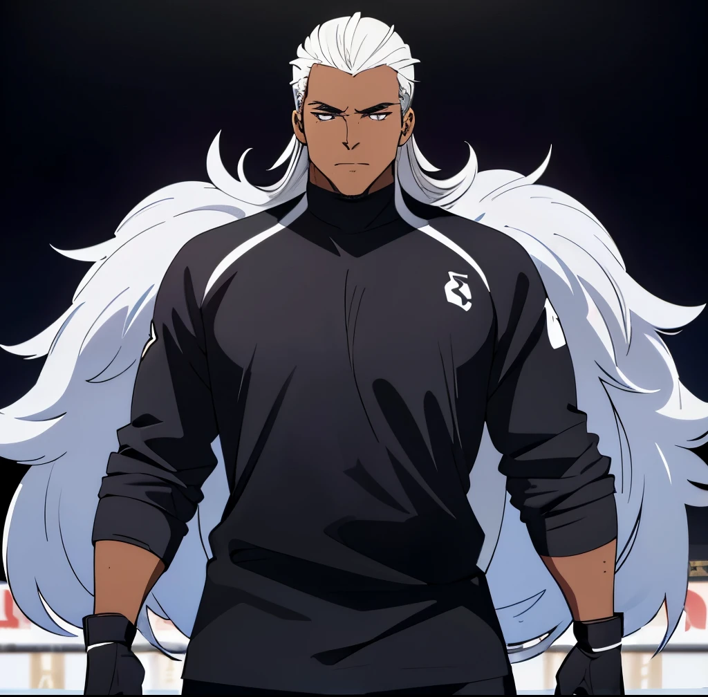Soccer goalie with level 10 black aura, tall, (large mammoth in background), long white hair, (dark brown skin), black and white soccer jersey, goalkeeper gloves, purple eyes, masculine features,