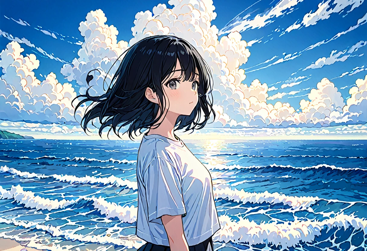 広い大Ocean原, (Oceanの真ん中に立つ白いTシャツを着た少女:1.2), Black Hair, Pull composition, whole body, Detailed face, Vision, Calm day, Detailed Clouds, Ocean, Calm waves,