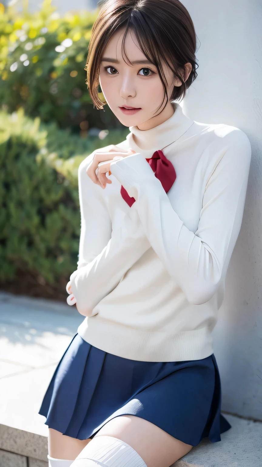 Very beautiful school girl,Skintight Top:1.2, View your audience, Cinema Lighting, perfection, Soft Light, High Resolution Skins:1.2, Realistic skin texture, Small face,No makeup, uniform , mini skirt, Knee-high socks, Absolute area,Bust E Cup, short hair, Dark brown hair、Seaside Background, Random sexy poses