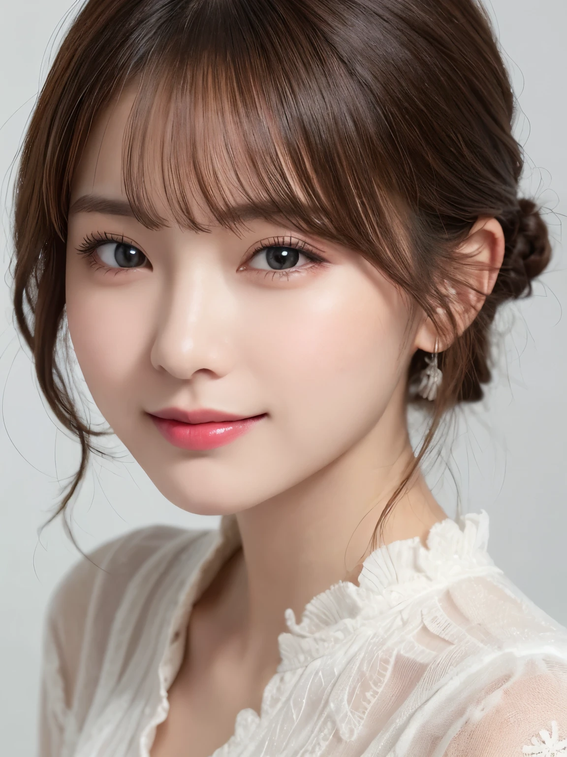 bust up photo, Shows everything from the top of the head to the bust, looks happy, white background, highest quality, shape, Super detailed, finely, High resolution, 8k wallpaper, Perfect dynamic shape, beautiful and detailed eyes, D cup, natural color lip,smile、20 year old girl, Beautiful and dense face、perfect and beautiful face,Big eyes、real photos（best image quality）, blouse (off white)、looking at camera、Please stand、Do gal makeup
