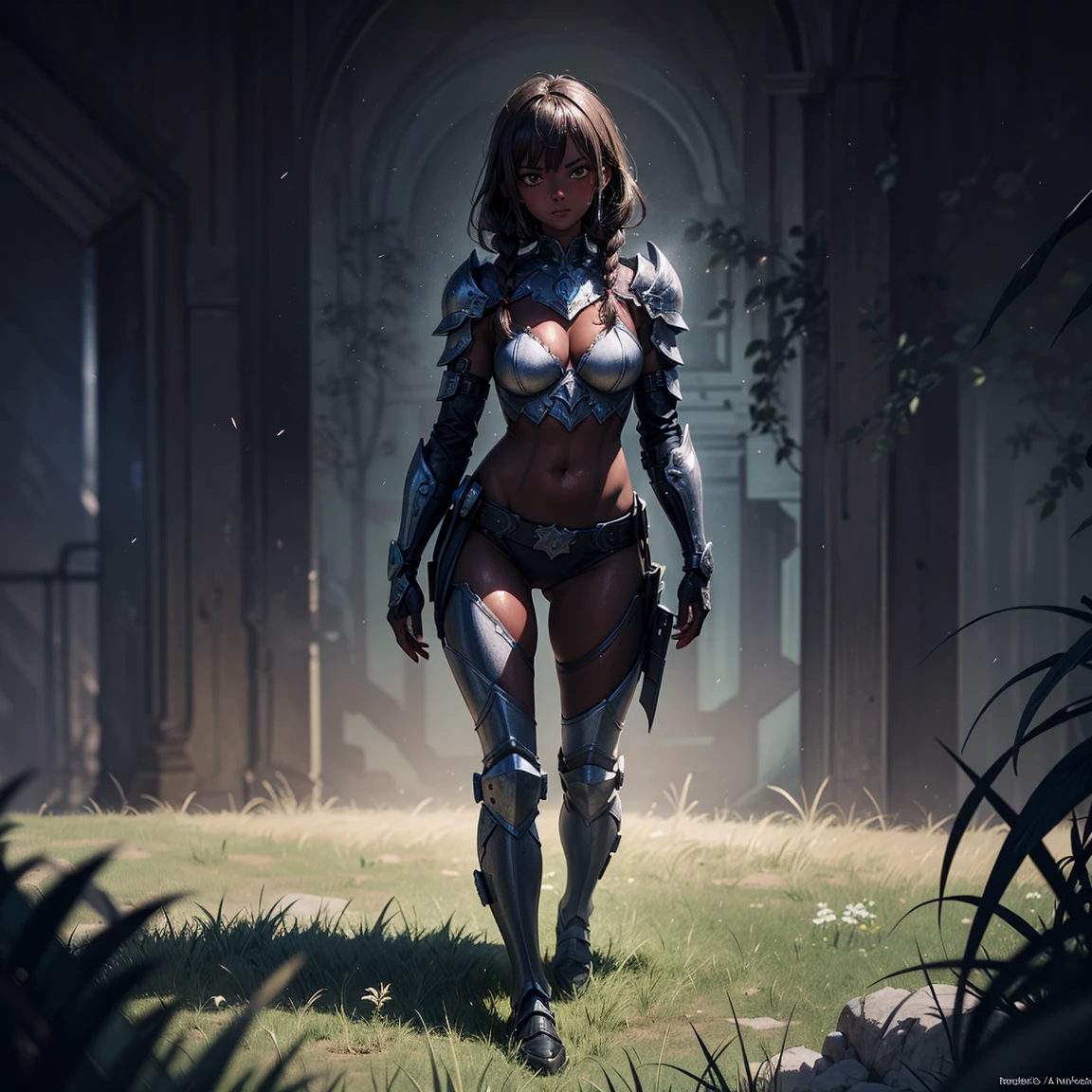 (High Detail:1.2) Anime Girl, (Best quality, Detailed), (dark and serious, blushing, gravelly:1.3, dark:1.2), 1girl, (solo), long braids hair, dark brown hair, ((black eyes)), black skin, small breasts, black plate armor, full body, sinister, intense look, grass, background dark, Volumetric light, hyper realistic, super detailed, Dynamic pose, (very sexy body, detailed face, detailed eyes, masterpiece, highly detailed, 8k, best quality, vibrant colors, digital art, concept art)