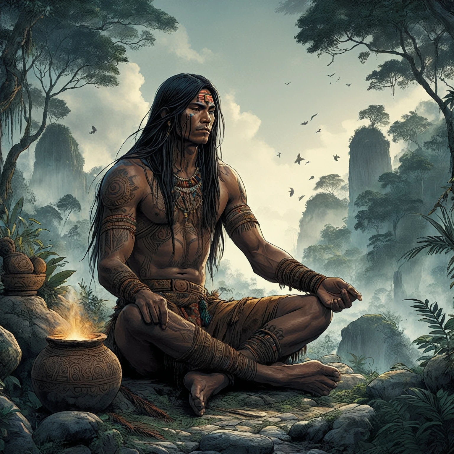 sharpened man sitting on a rock in the middle of a forest, ayahuasca shaman, : Native American Shamen Fantasy, by Jorge Jacinto, por Kerembeyit, ancient tribe, ayahuasca, shaman, but Otakar Kubin, beautiful avatar photos, indian warrior, ancient warrior, indigenous man