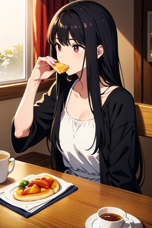 eating breakfast,black hair,long hair,girl