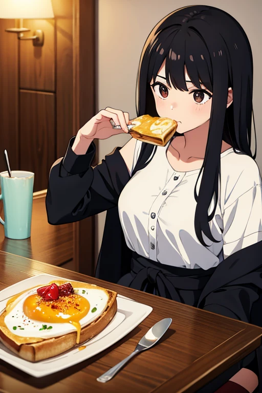 eating breakfast,black hair,long hair,girl