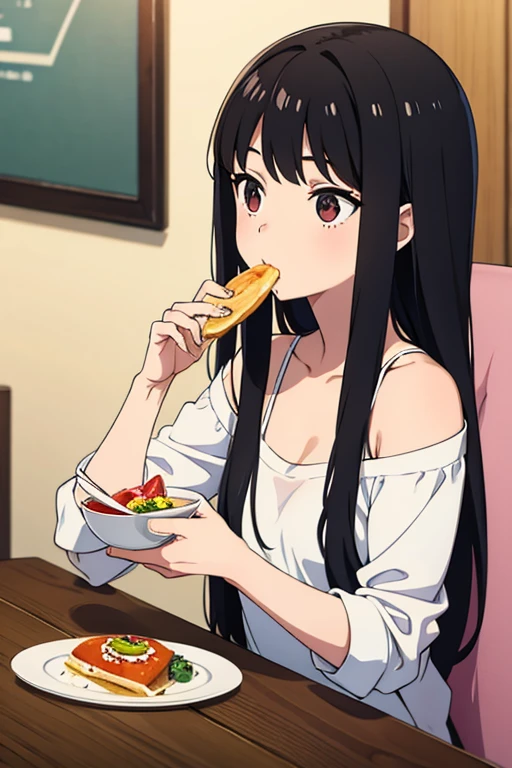 eating breakfast,black hair,long hair,girl