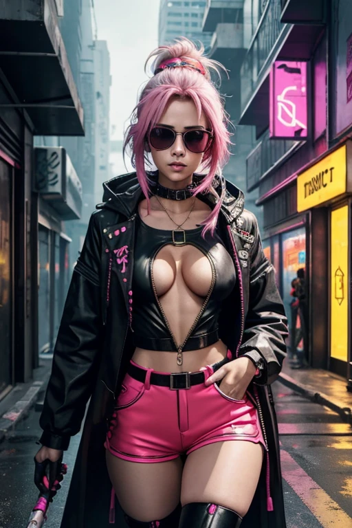 Cyberpunk, keyhole_cleavage, Safe For Work, Woman, street worker, Cyberpunk street in background, brightly colored clothing, ethnically from the Middle East, sexy clothing, neon colored clothing, short open coat, tight knee length shorts, shirt with cleavage cutout, nicely detailed, sharp focus