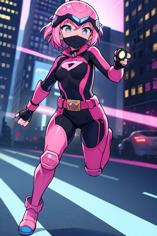 ((best quality)), ((masterpiece)), (detailed), 1 girl, full body, 20s, young adult, masked, black mask covering her entire head, smooth head, biker helmet, biker helmet with blue headphones on the sides, flashlight on her forehead, short pink hair coming out of her helmet, face, black collar, tall, slim, athletic, circles on her wrists, pink details, black fingerless gloves, pink wristbands, nanotech speedster suit that resembles light armor, blue chest with an emblem, blue chest, black suit with pink lines, pink speed emblem on her chest, pink emblem, blue pants, gray knee pads, metallic pink boots, white superhero belt, running through the city, pink light trail, laser, city background, anime